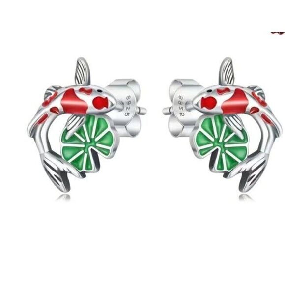 925 Sterling Silver Enamel Lucky Fish Lotus Earrings - Picture 3 of 4